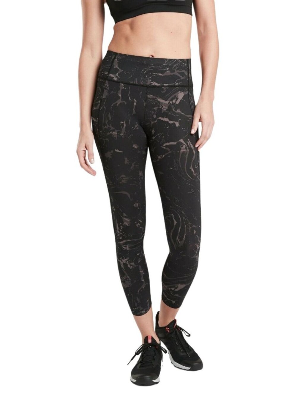 Athleta Velocity Stash Pocket Marble 7/8 Tight, BLACK SIZE M #444653 N0818